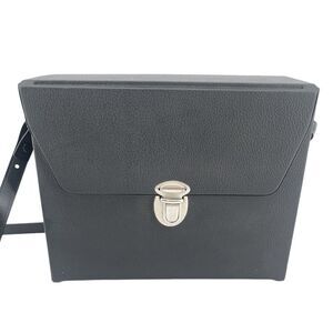 Vintage Black Faux Leather Structured Push Lock Binoculars Crossbody Case Bag